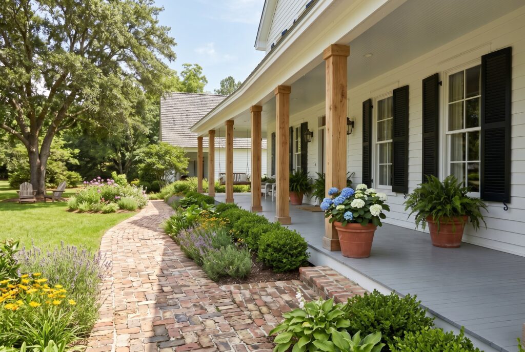 Reclaimed brick paver walkway leading to wrap around porch with hydrangea landscaping. 