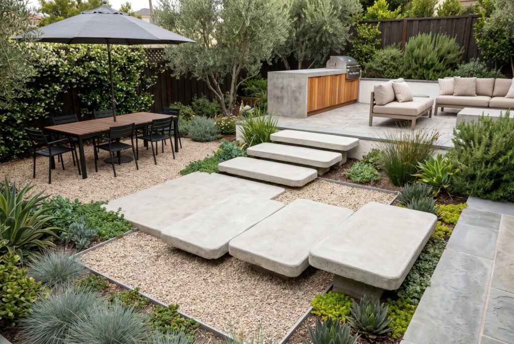 Floating concrete steps over gravel connecting outdoor dining and lounge zones.