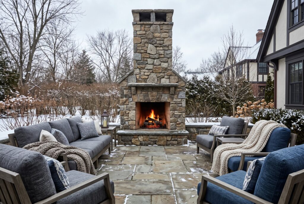 Stone outdoor fireplace with deep seating and cozy cold weather patio design.