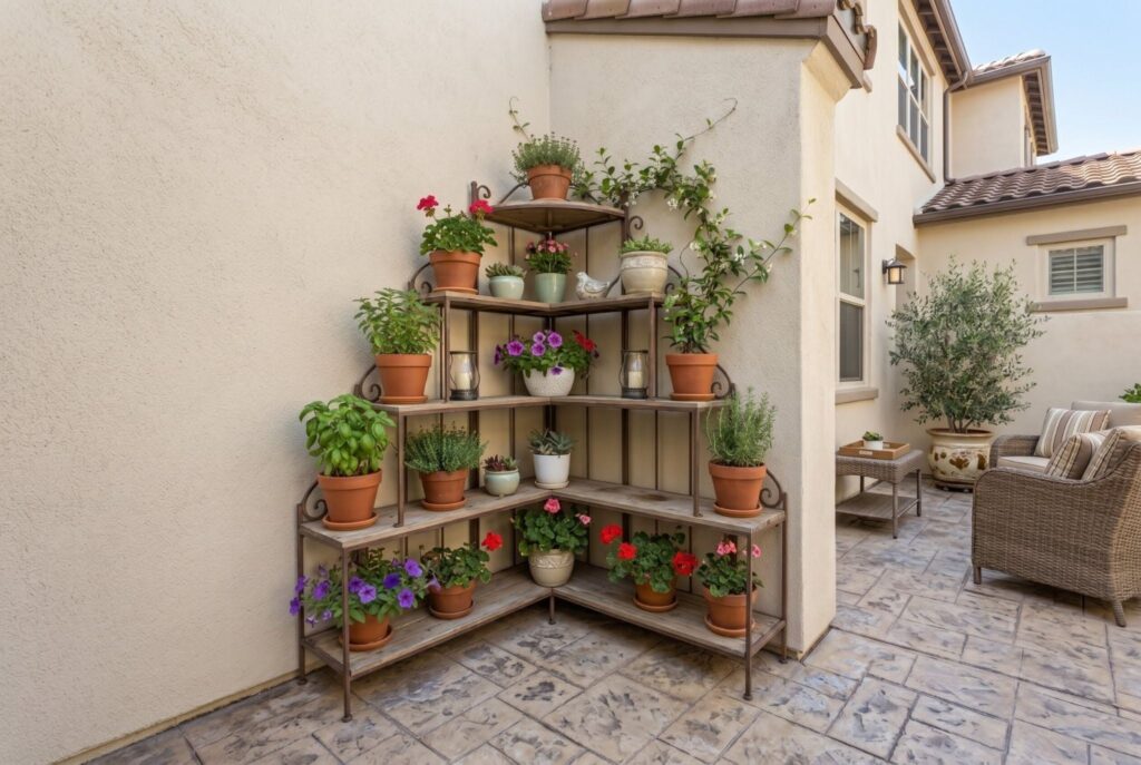 Corner tiered shelving filled with potted plants maximizing small patio space. 