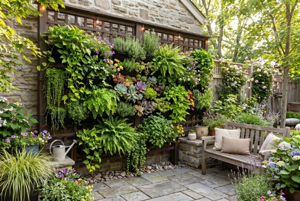 Vertical living wall with lush greenery beside compact backyard seating area.