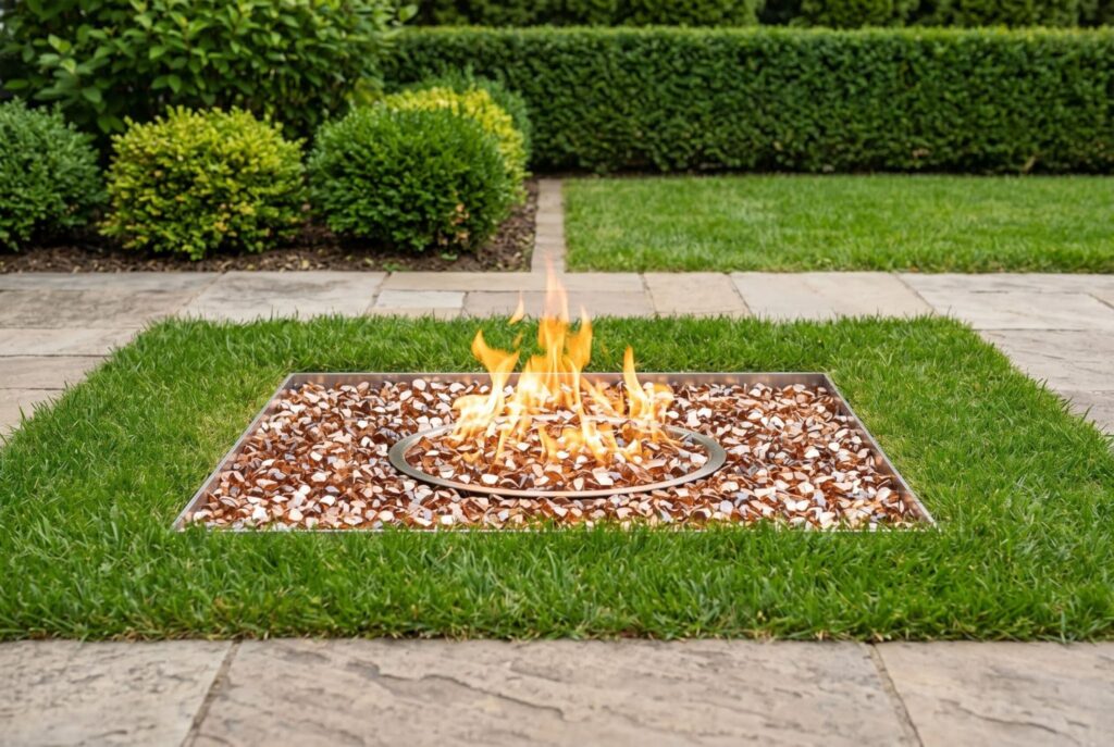 Round burner pan hidden beneath copper reflective fire glass in lawn setting.