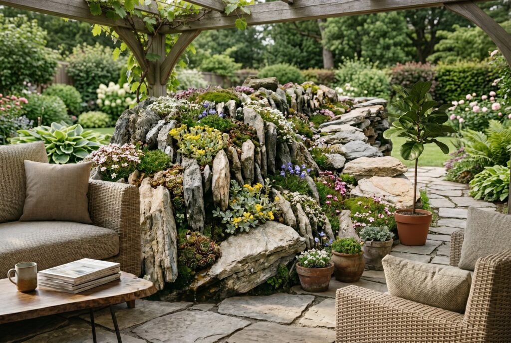 Alpine crevice garden with stacked stones and flowering rock garden plants.
