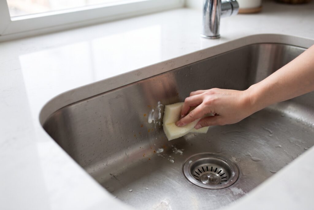Steps for removing rust spots: applying a paste, waiting, scrubbing with the grain, and rinsing the sink clean.