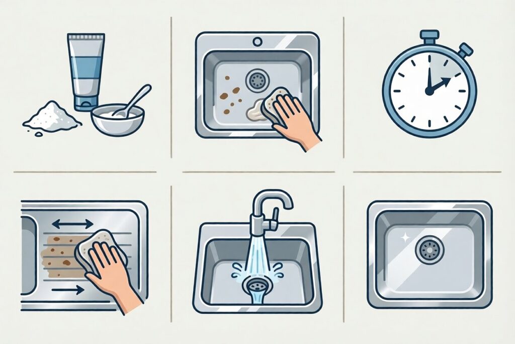Steps for removing rust spots: applying a paste, waiting, scrubbing with the grain, and rinsing the sink clean.