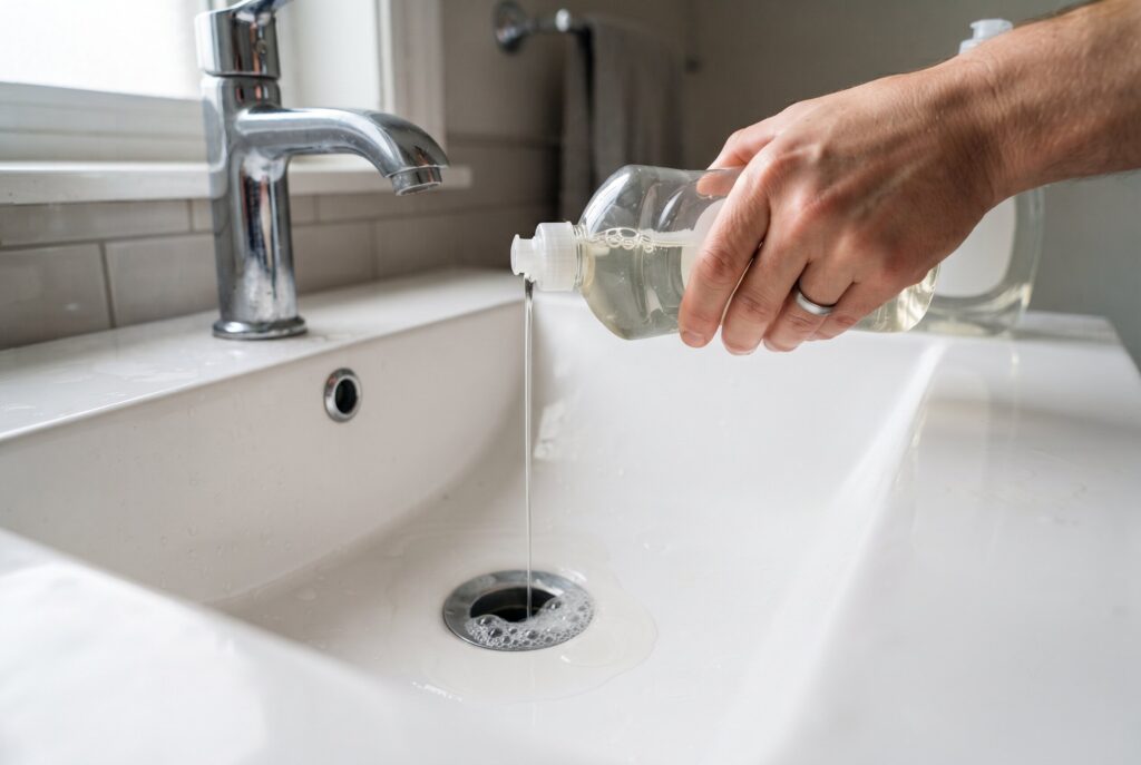 A person pours liquid soap from a bottle into a bathroom sink drain.