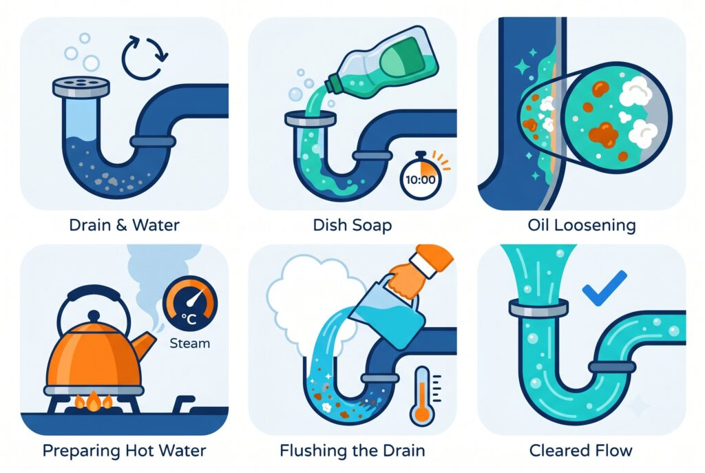 Infographic illustrating how to pour dish soap into a drain, wait 10 minutes, and flush with hot water from a kettle.