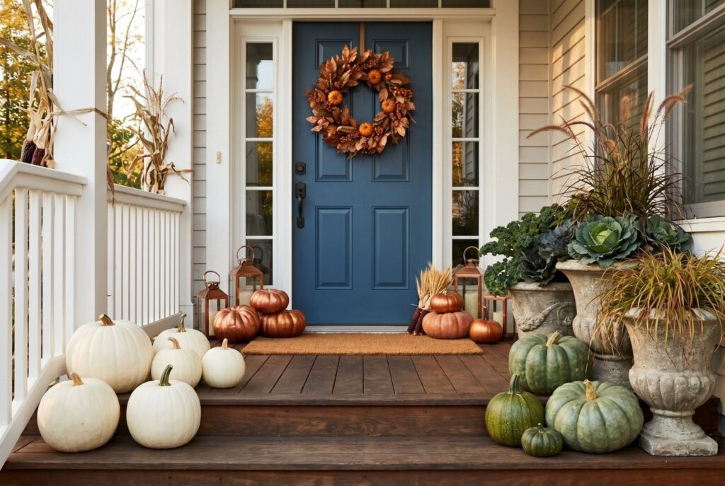 Monochromatic pumpkin color blocking with white, green, and copper toned fall decor.