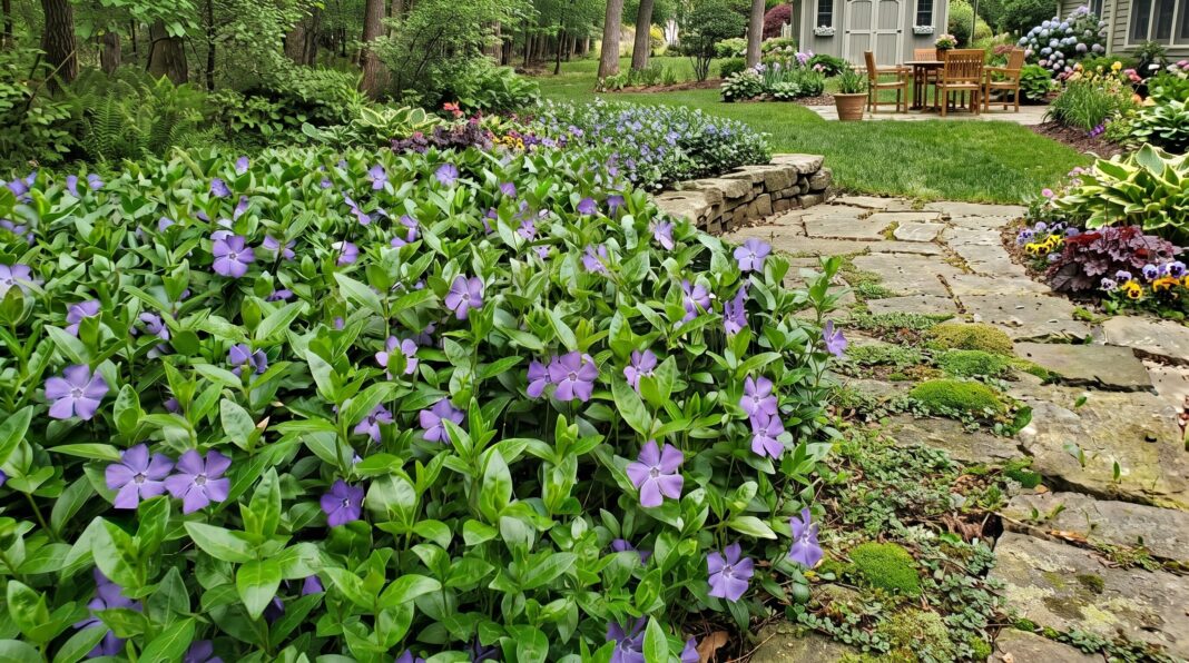 A lush backyard landscape featuring a vibrant carpet of purple ground cover with green foliage bordering a stone pathway leading to a seating area.