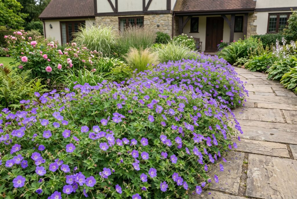 Cranesbill geranium Rozanne forming a soft mound of long-blooming purple-blue flowers along the edge of a stone garden pathway.