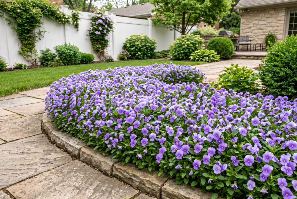 A cheerful seasonal carpet of horned pansy displaying delicate purple blooms along the edge of a garden border and pathway.