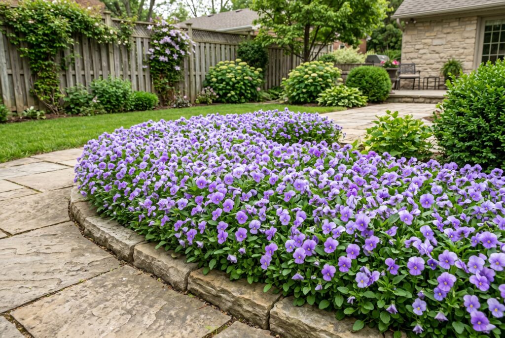 A cheerful seasonal carpet of horned pansy displaying delicate purple blooms along the edge of a garden border and pathway.
