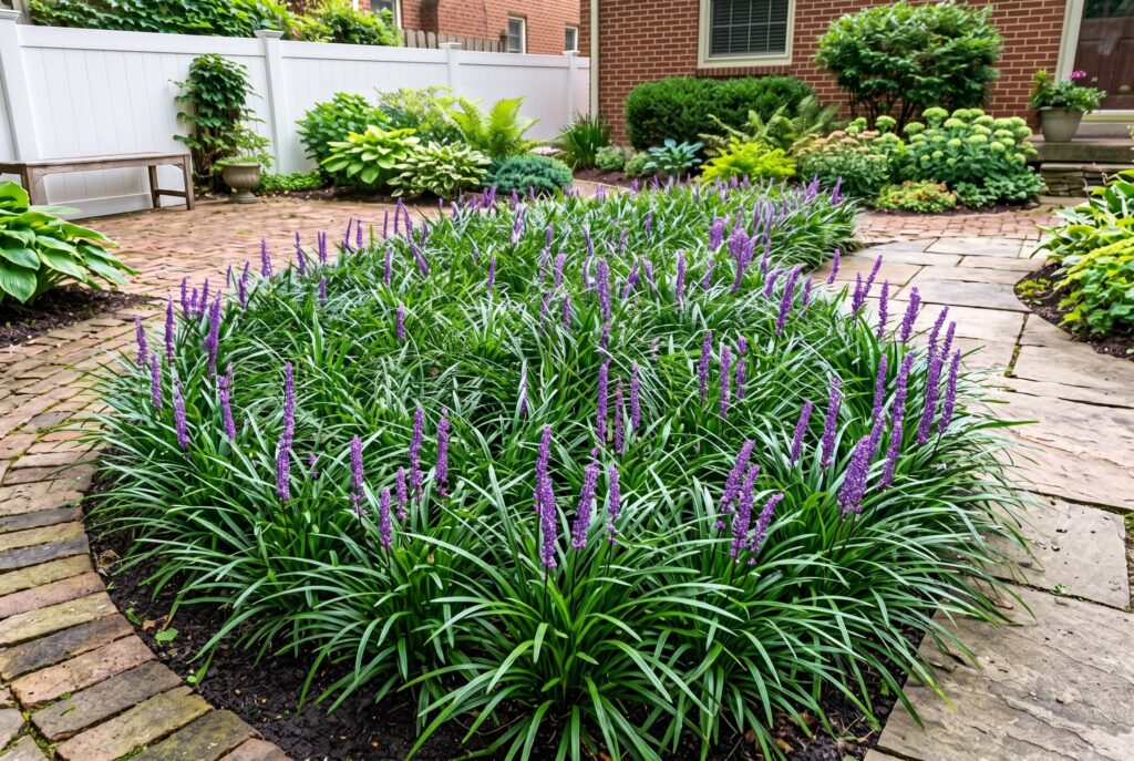Creeping lilyturf acting as a grassy ground cover that produces purple flower spikes in a rounded garden bed alongside a brick path.