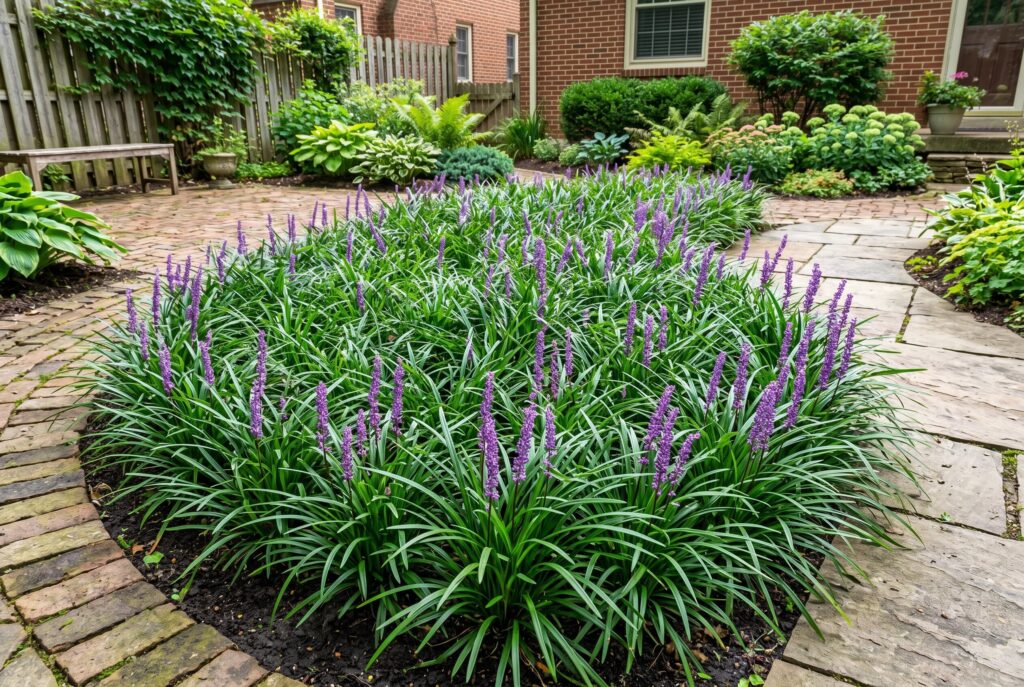 Creeping lilyturf acting as a grassy ground cover that produces purple flower spikes in a rounded garden bed alongside a brick path.