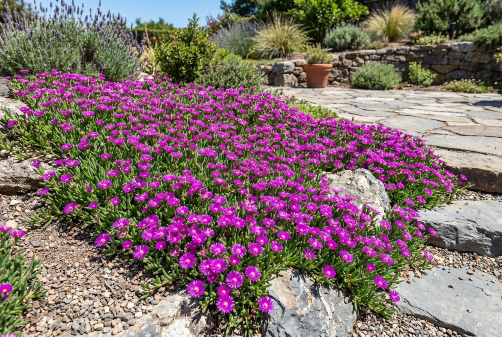 Drought-tolerant ice plant displaying bright purple flowers and succulent leaves glowing in harsh summer light among a rock and gravel garden.