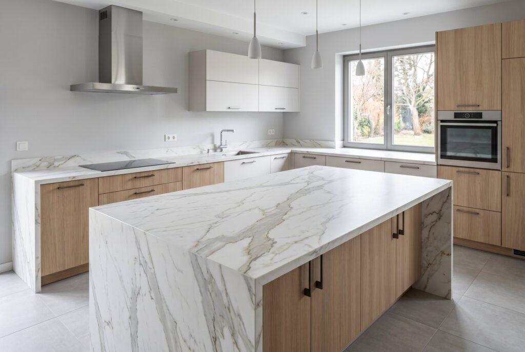 Marble look sintered stone waterfall island with oak cabinetry and minimalist design.