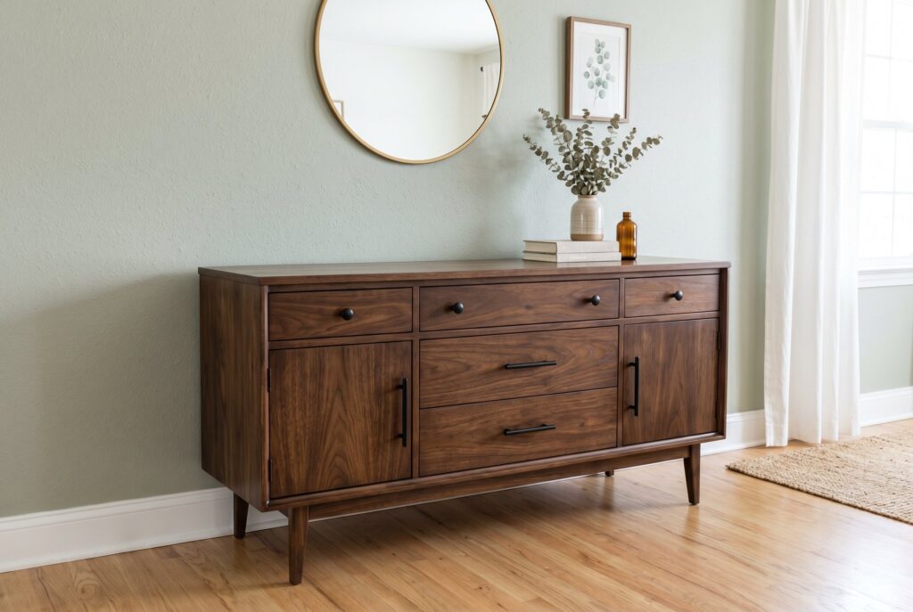 Restained vintage walnut sideboard with mid century modern design details.