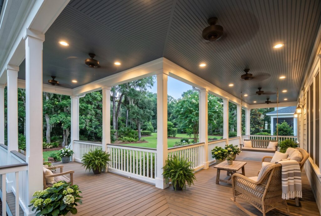 Flush mount ceiling fans and recessed lighting on wrap around porch with evening ambiance. 