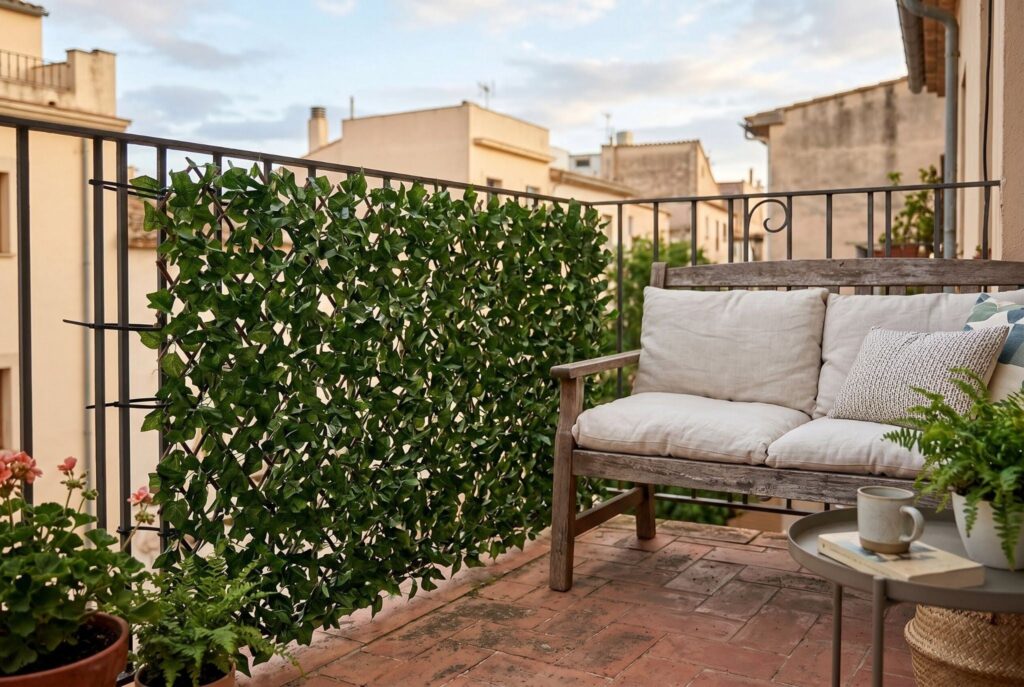 Faux ivy privacy trellis attached to balcony railing with cozy outdoor bench. 