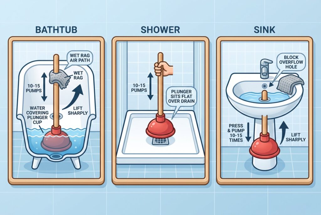 Step-by-step illustrations showing how to seal the overflow drain with a wet rag and use a plunger on a tub and sink.