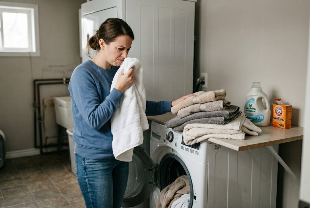 A woman cringing while smelling a white towel taken from a front-loading washing machine.