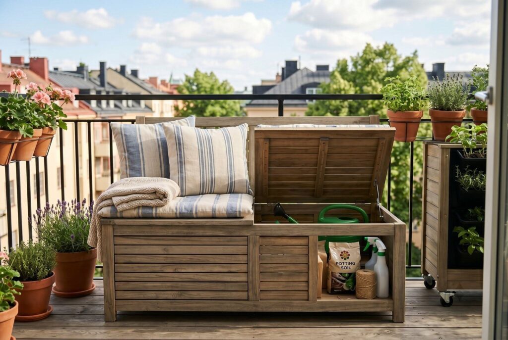 Storage bench on balcony with hidden compartments and space saving outdoor furniture. 