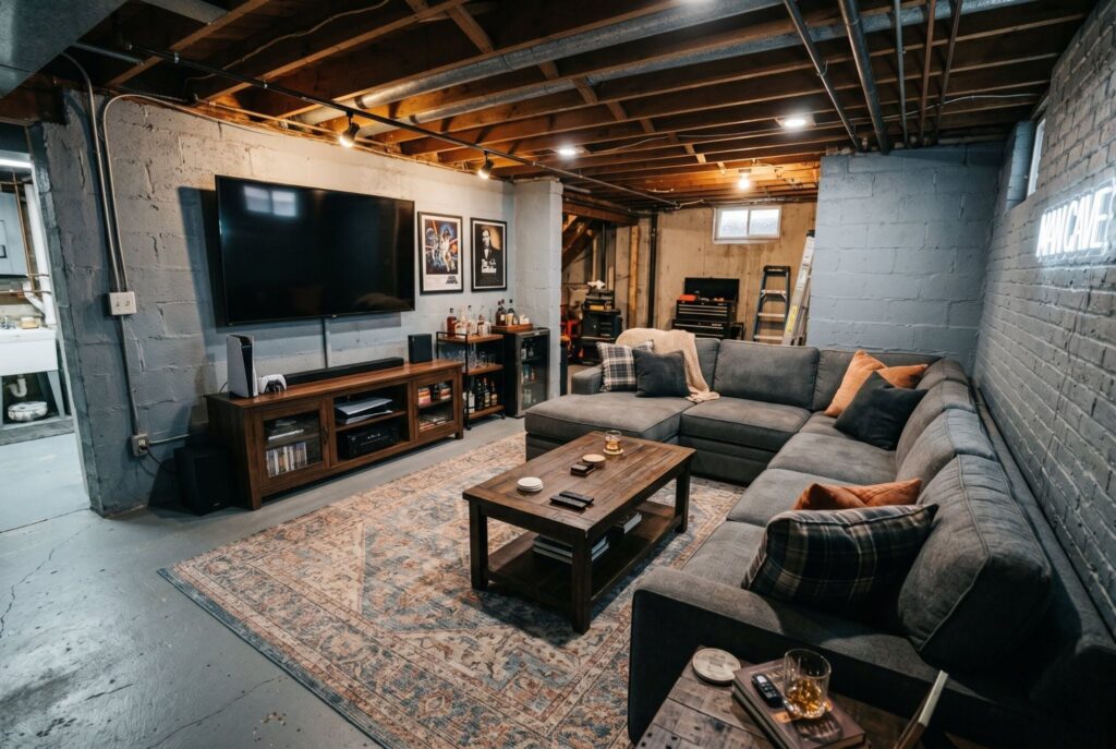 U shaped sectional sofa in basement man cave with large area rug and media setup.