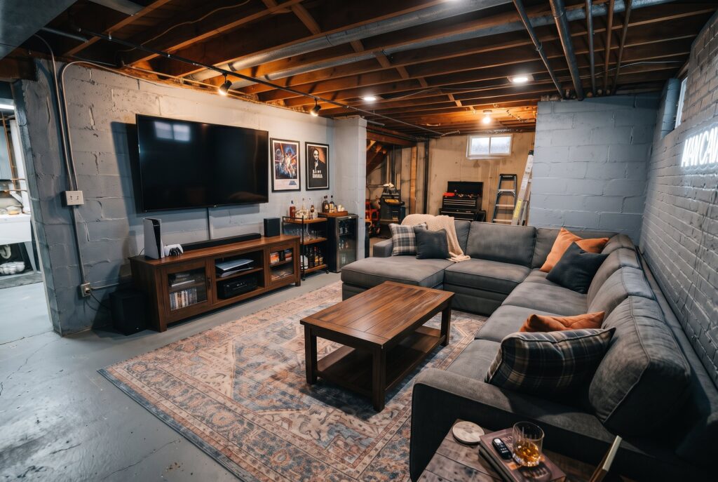U shaped sectional sofa in basement man cave with large area rug and media setup.