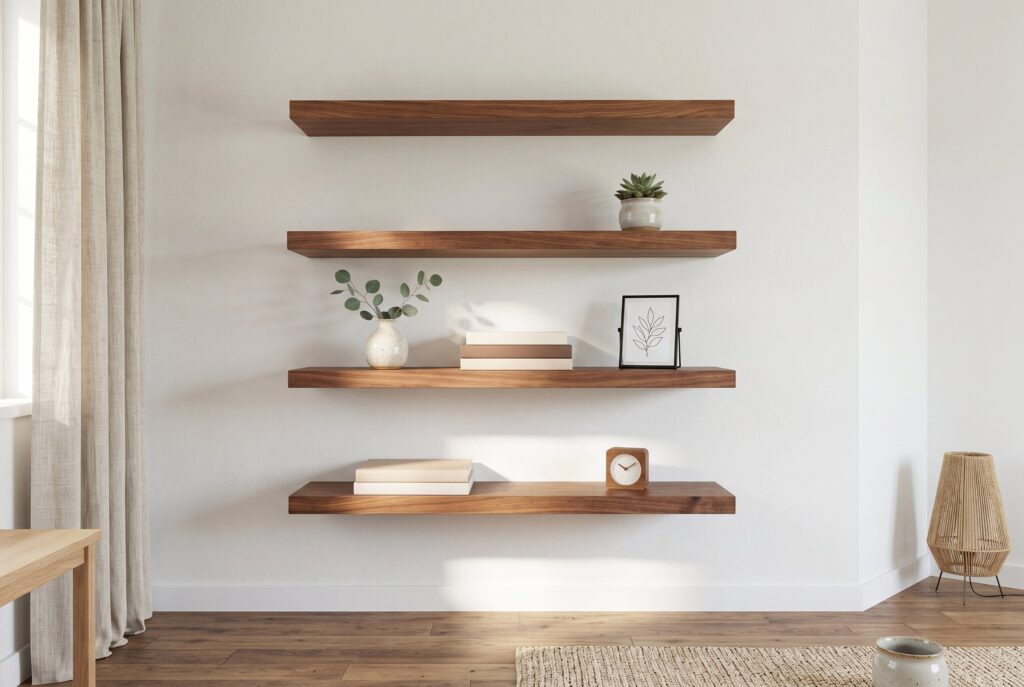 Floating walnut shelves with books, ceramics, and minimalist living room decor.