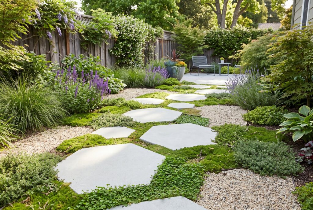 Geometric stepping stones through groundcover in modern backyard landscaping.