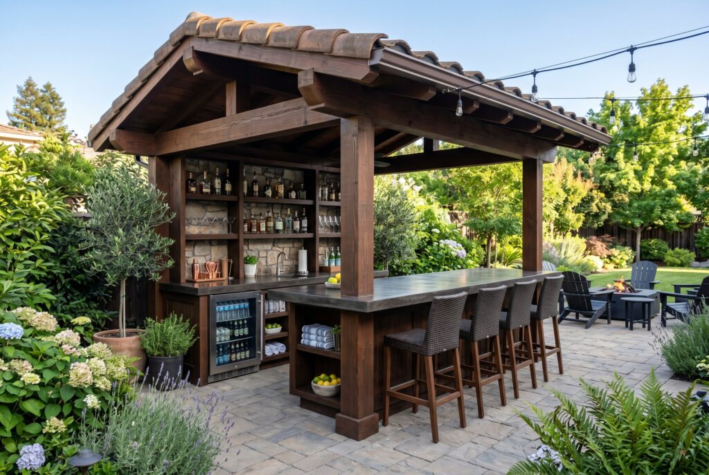 Weatherproof outdoor bar pavilion with wood structure, shelving, and bar seating.