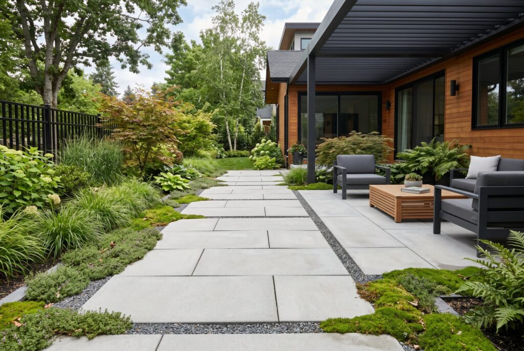 Large format geometric pavers with gravel joints and modern hardscape walkway ideas.