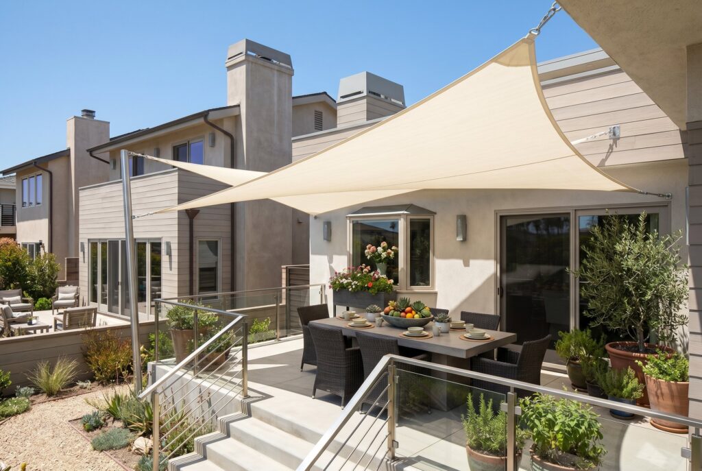 Tension shade sail over modern patio seating area with minimalist backyard landscaping. 