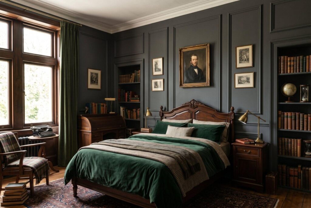 Dark academia bedroom with picture frame molding, walnut bed, and gallery wall decor. 