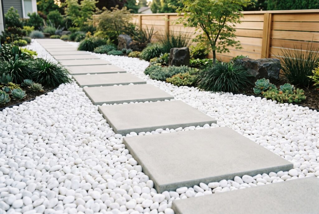 Floating concrete pavers over white pebbles in modern minimalist garden design.