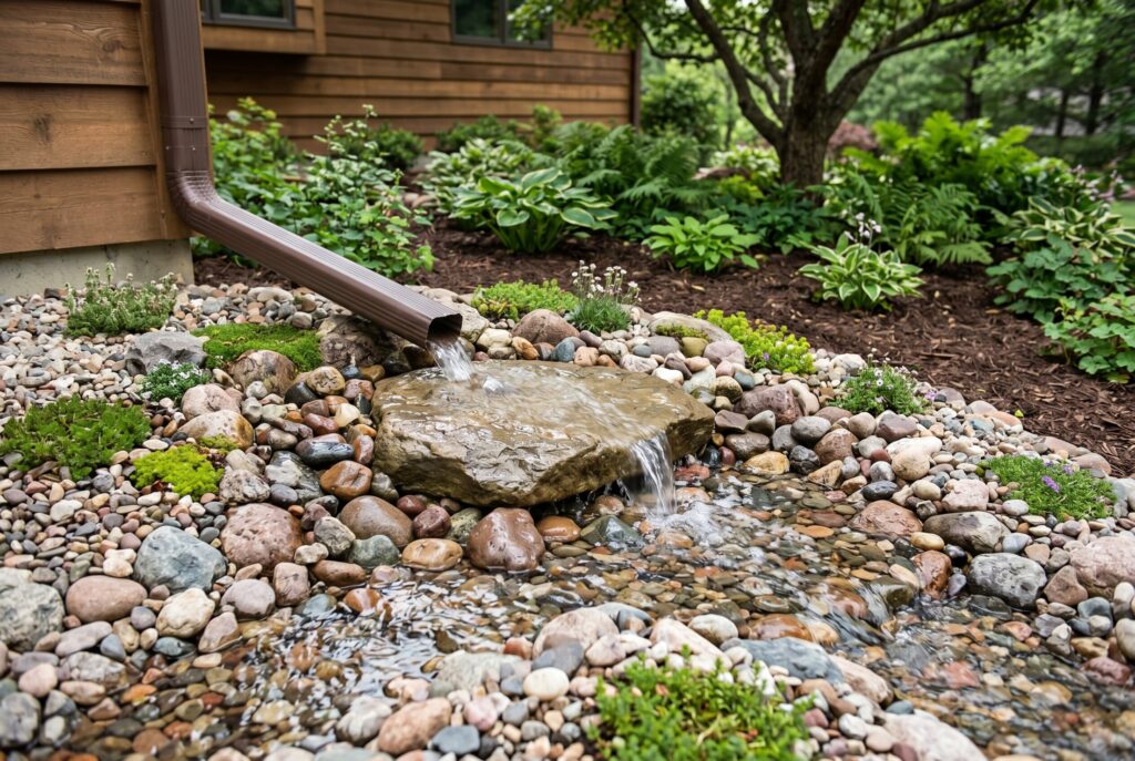 Downspout splash block boulder surrounded by river rocks for drainage control.