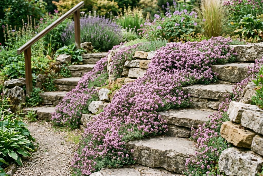 Creeping thyme cascading over stone steps with flowering ground cover landscaping.