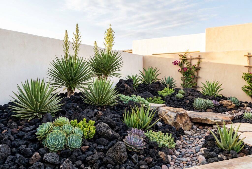 Black lava rock landscaping with agave, succulents, and modern desert garden styling.