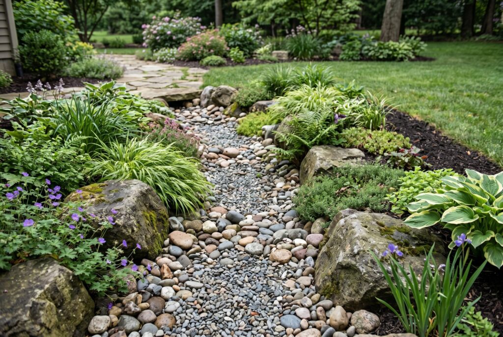 French drain disguised as rock garden with decorative stones and hardy plants.