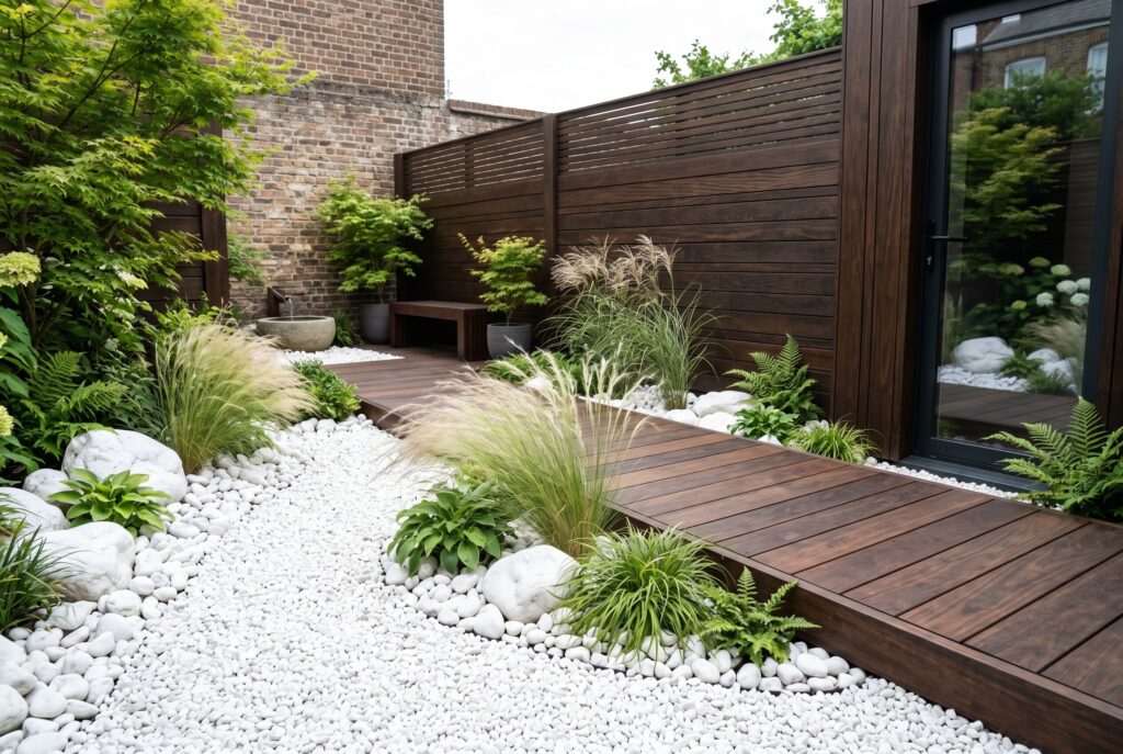 White decorative rocks beside dark wood decking with ornamental grasses and courtyard landscaping.