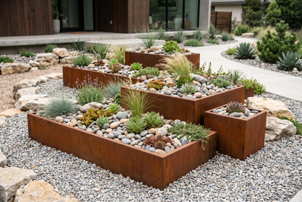 Raised corten steel planters filled with rocks, grasses, and modern landscape plants.