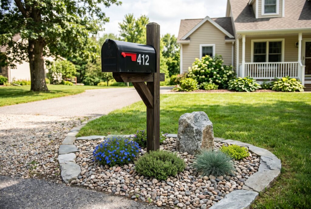 Mailbox landscaping with river rocks, edging, boulder, and compact flowering plants.