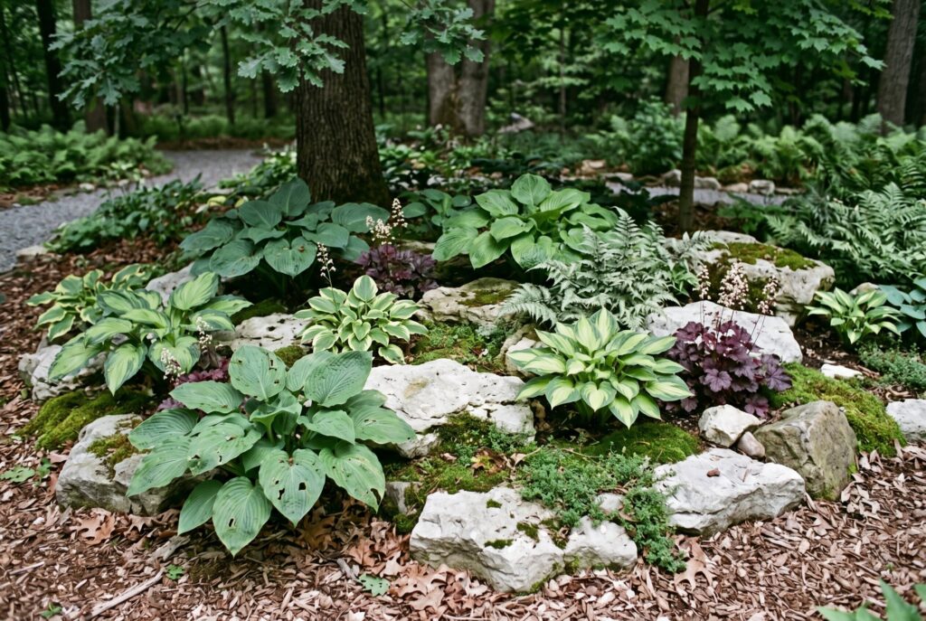 Shade loving hosta rock garden with pale stones, ferns, and woodland landscaping.