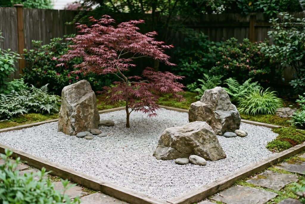 Japanese maple rock garden with boulders, fine gravel, and minimalist landscape styling.