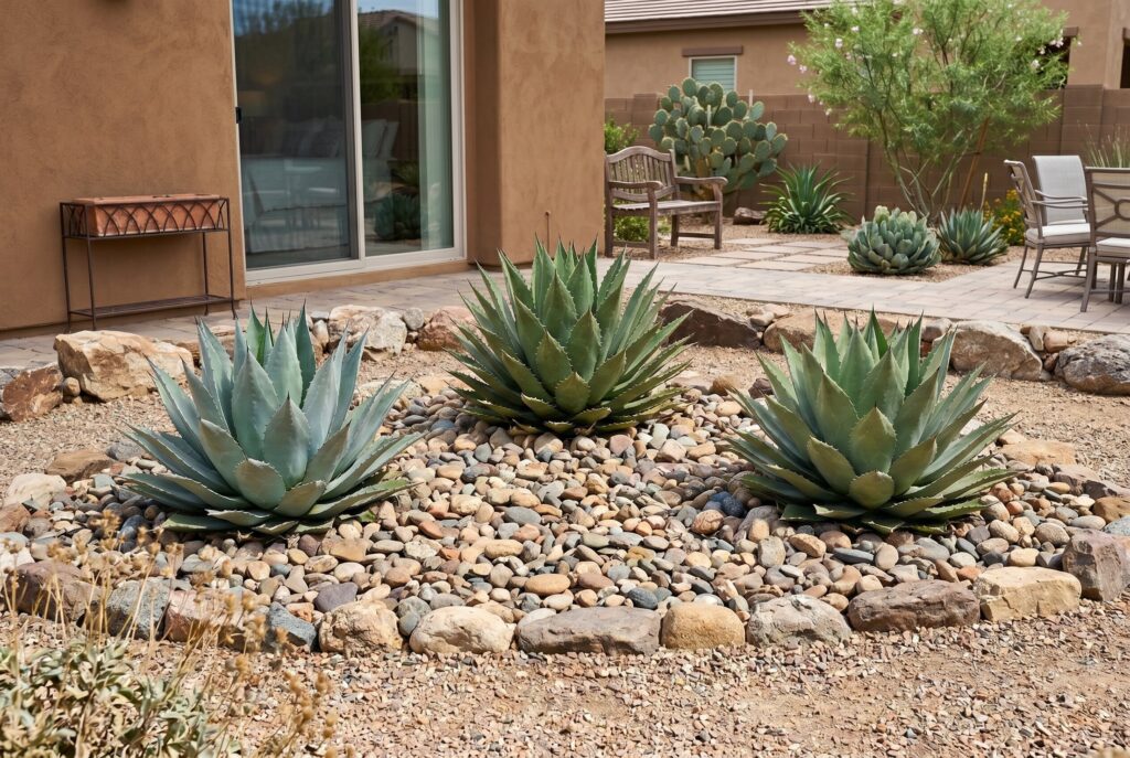 Agave trio planting in decorative river rock bed with desert inspired landscaping.