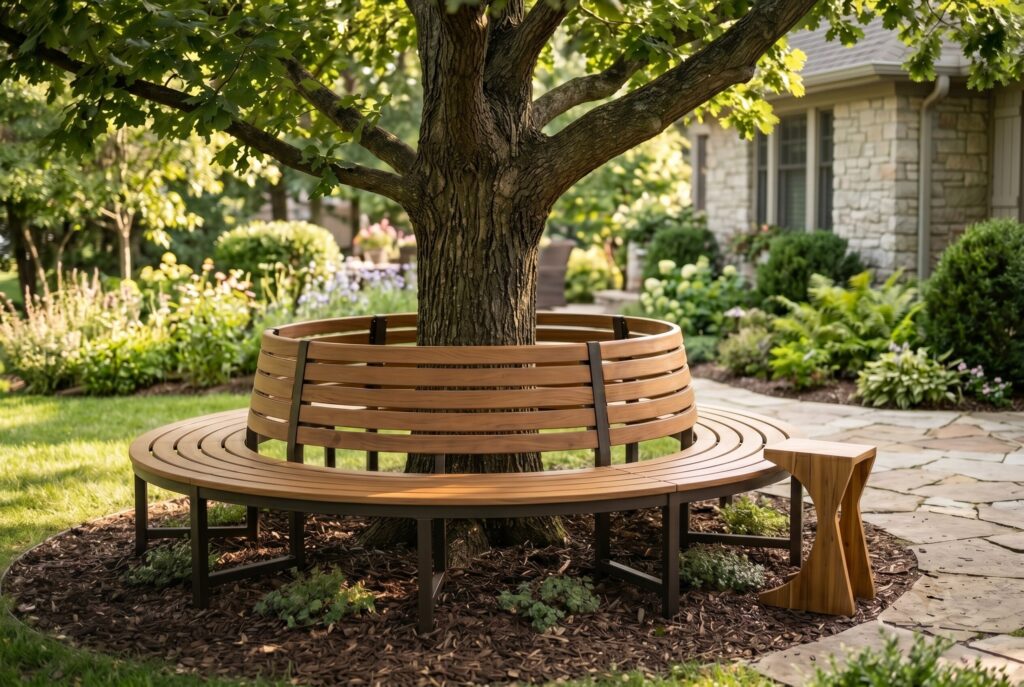 Semicircle wrap around bench beneath shade tree with cozy garden seating area. 