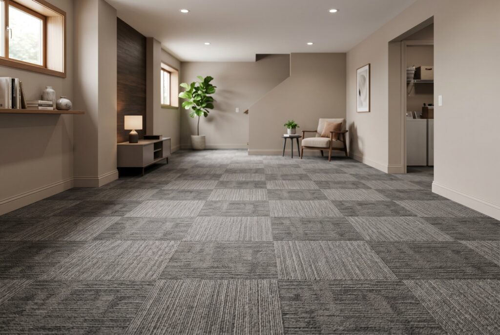 Carpet tiles and wall to wall carpet comparison in a finished basement environment.