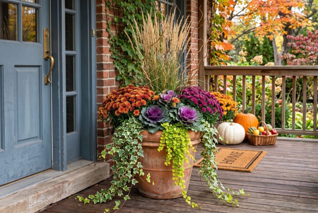 Thriller filler spiller fall planter with ornamental cabbage, grasses, and trailing ivy.