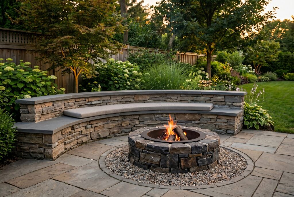 Curved retaining wall seating around stone fire pit with landscaped garden backdrop.
