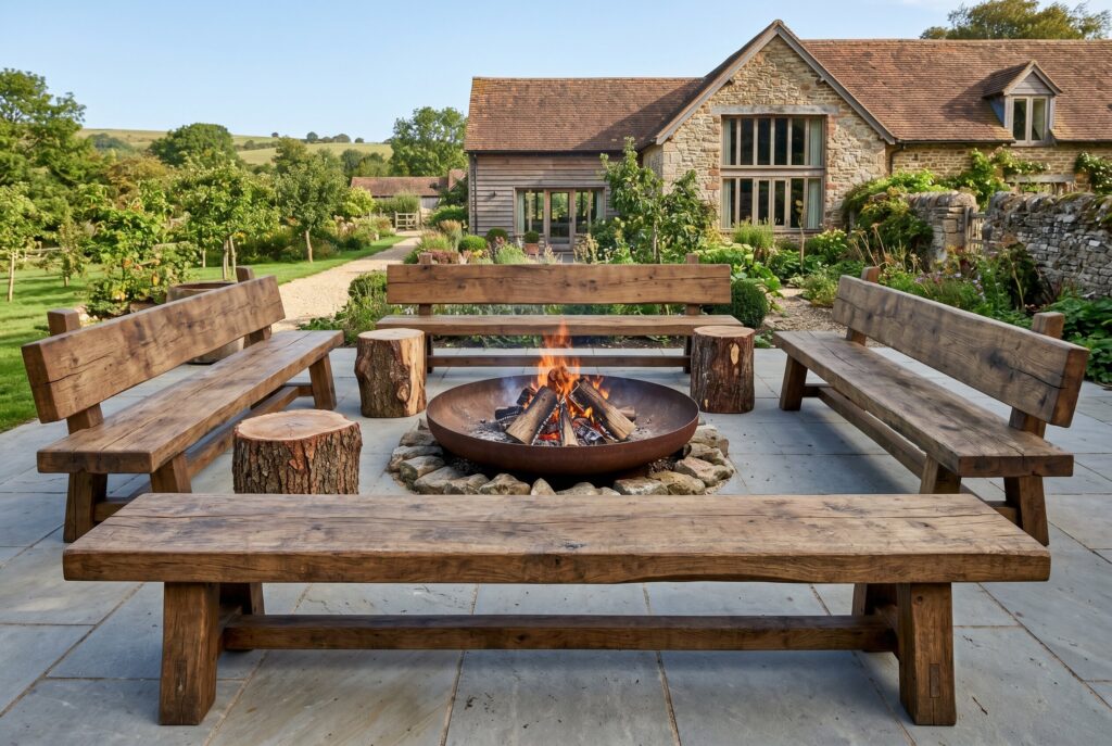 Heavy oak farmhouse benches surrounding round fire pit in rustic backyard setting.